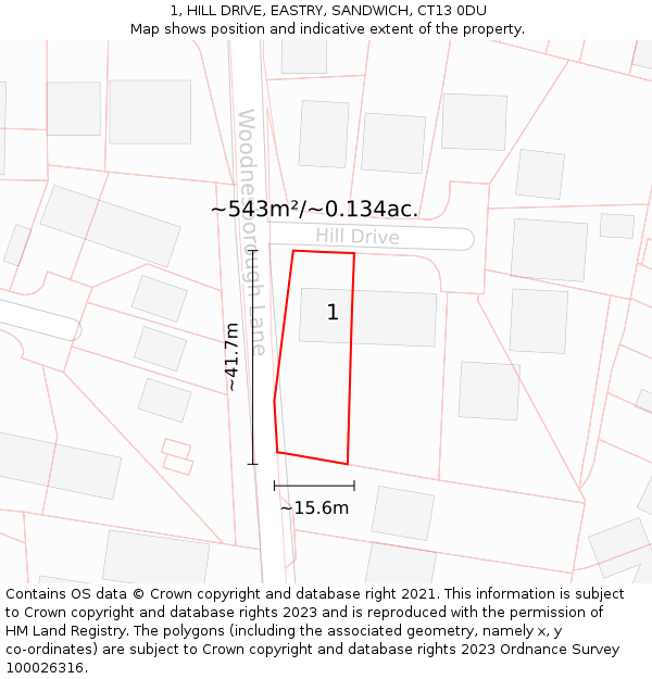 1, HILL DRIVE, EASTRY, SANDWICH, CT13 0DU: Plot and title map