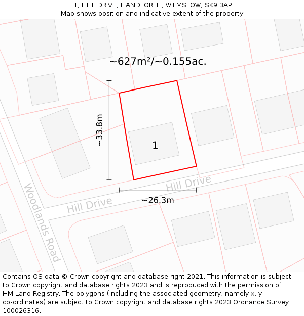 1, HILL DRIVE, HANDFORTH, WILMSLOW, SK9 3AP: Plot and title map
