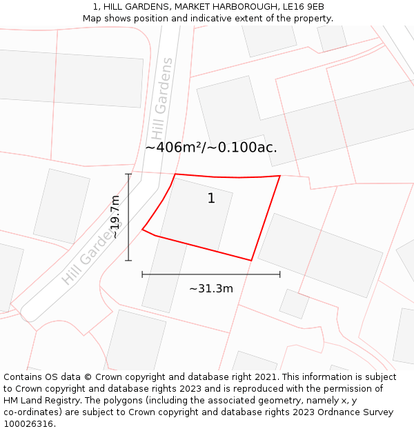 1, HILL GARDENS, MARKET HARBOROUGH, LE16 9EB: Plot and title map