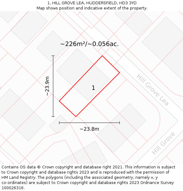 1, HILL GROVE LEA, HUDDERSFIELD, HD3 3YD: Plot and title map