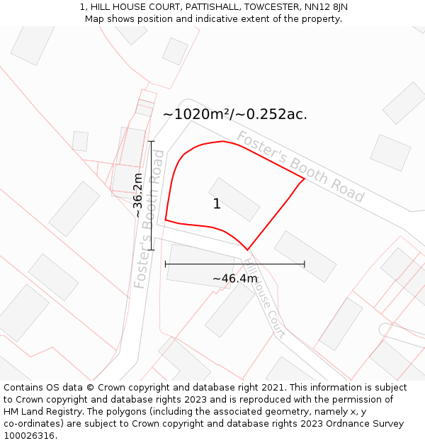 1, HILL HOUSE COURT, PATTISHALL, TOWCESTER, NN12 8JN: Plot and title map