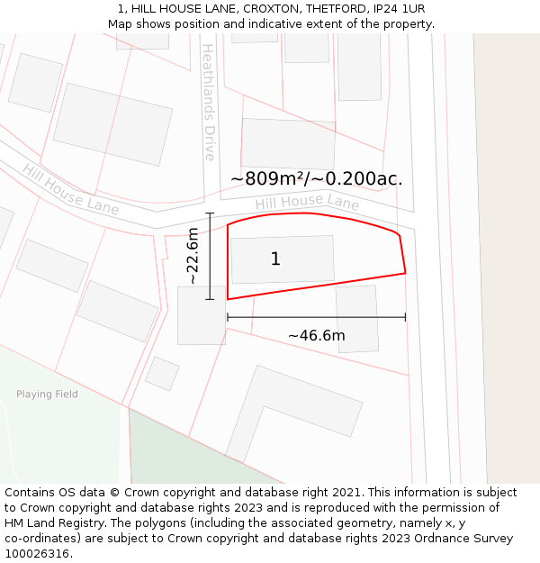 1, HILL HOUSE LANE, CROXTON, THETFORD, IP24 1UR: Plot and title map