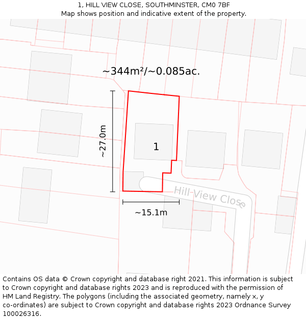 1, HILL VIEW CLOSE, SOUTHMINSTER, CM0 7BF: Plot and title map
