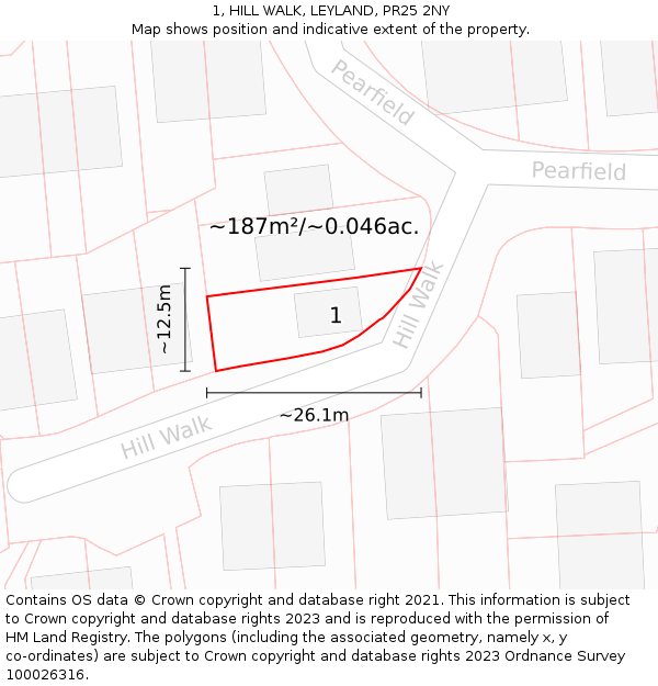 1, HILL WALK, LEYLAND, PR25 2NY: Plot and title map