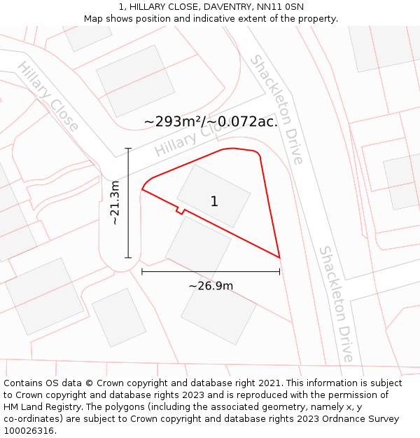 1, HILLARY CLOSE, DAVENTRY, NN11 0SN: Plot and title map