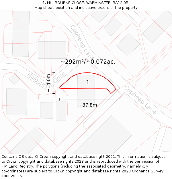 1, HILLBOURNE CLOSE, WARMINSTER, BA12 0BL: Plot and title map