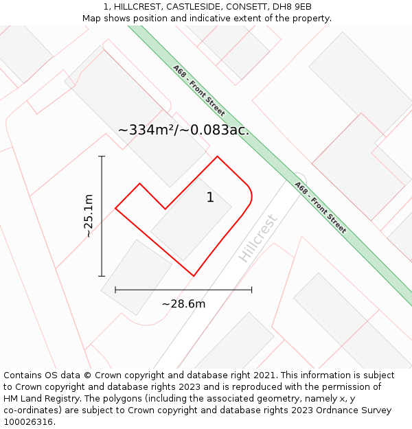 1, HILLCREST, CASTLESIDE, CONSETT, DH8 9EB: Plot and title map