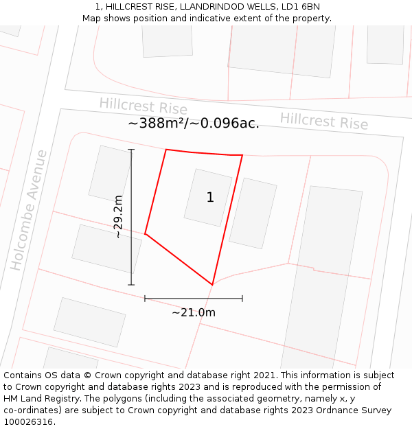 1, HILLCREST RISE, LLANDRINDOD WELLS, LD1 6BN: Plot and title map