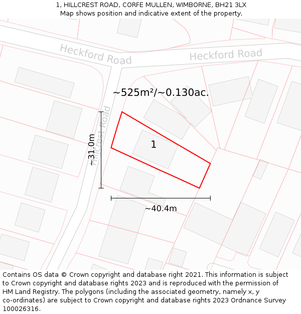 1, HILLCREST ROAD, CORFE MULLEN, WIMBORNE, BH21 3LX: Plot and title map