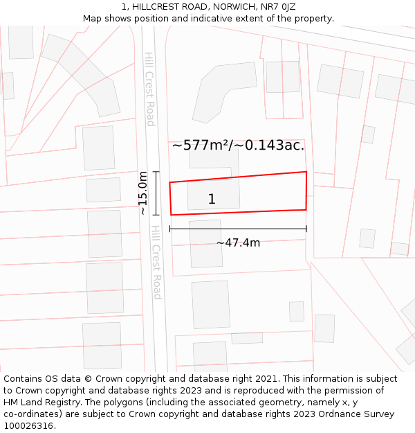 1, HILLCREST ROAD, NORWICH, NR7 0JZ: Plot and title map