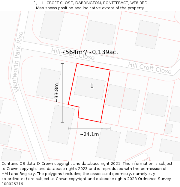 1, HILLCROFT CLOSE, DARRINGTON, PONTEFRACT, WF8 3BD: Plot and title map