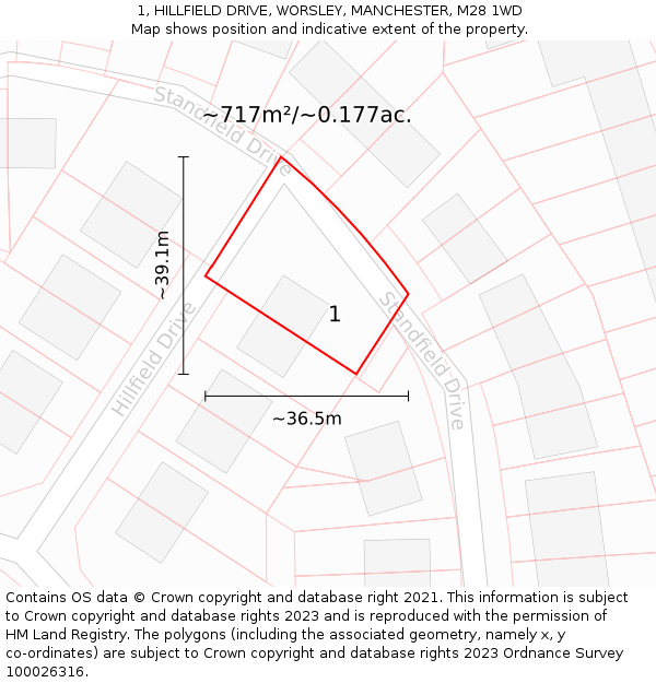 1, HILLFIELD DRIVE, WORSLEY, MANCHESTER, M28 1WD: Plot and title map