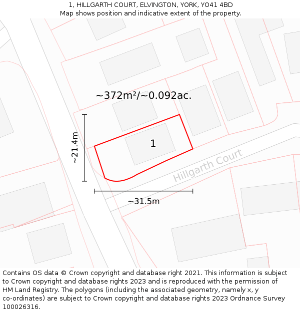 1, HILLGARTH COURT, ELVINGTON, YORK, YO41 4BD: Plot and title map