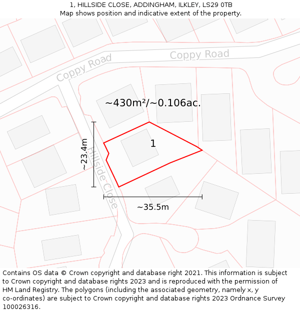 1, HILLSIDE CLOSE, ADDINGHAM, ILKLEY, LS29 0TB: Plot and title map