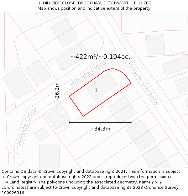 1, HILLSIDE CLOSE, BROCKHAM, BETCHWORTH, RH3 7ES: Plot and title map