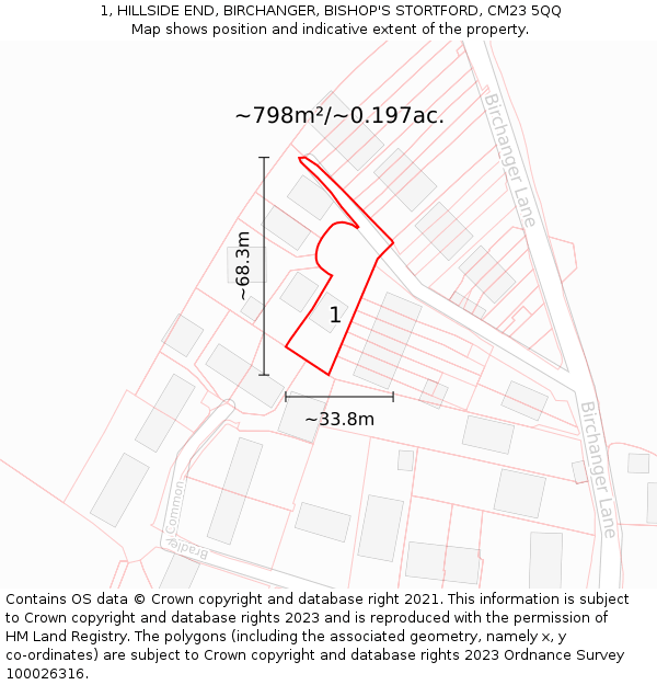 1, HILLSIDE END, BIRCHANGER, BISHOP'S STORTFORD, CM23 5QQ: Plot and title map
