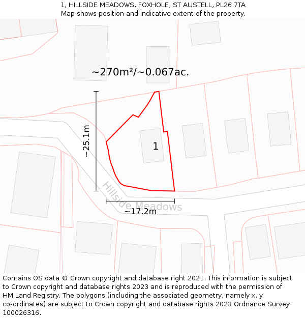 1, HILLSIDE MEADOWS, FOXHOLE, ST AUSTELL, PL26 7TA: Plot and title map