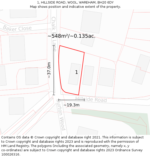 1, HILLSIDE ROAD, WOOL, WAREHAM, BH20 6DY: Plot and title map