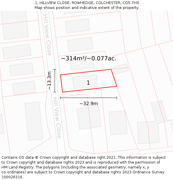 1, HILLVIEW CLOSE, ROWHEDGE, COLCHESTER, CO5 7HS: Plot and title map
