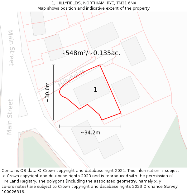 1, HILLYFIELDS, NORTHIAM, RYE, TN31 6NX: Plot and title map