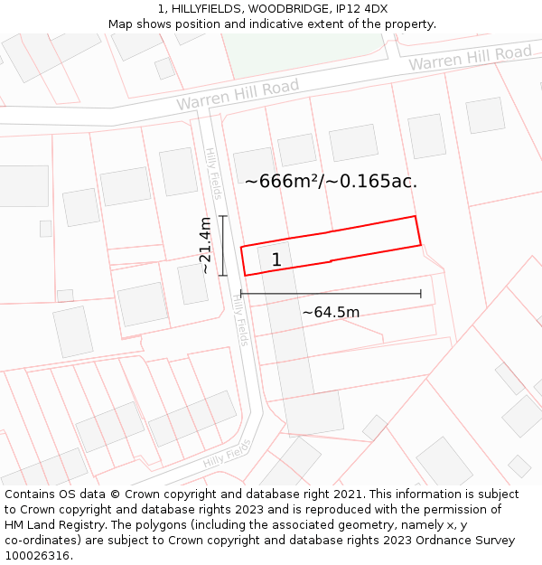 1, HILLYFIELDS, WOODBRIDGE, IP12 4DX: Plot and title map