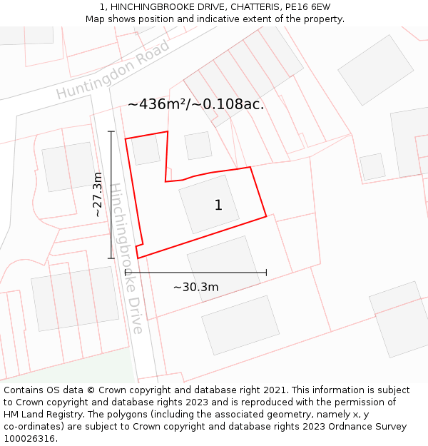 1, HINCHINGBROOKE DRIVE, CHATTERIS, PE16 6EW: Plot and title map