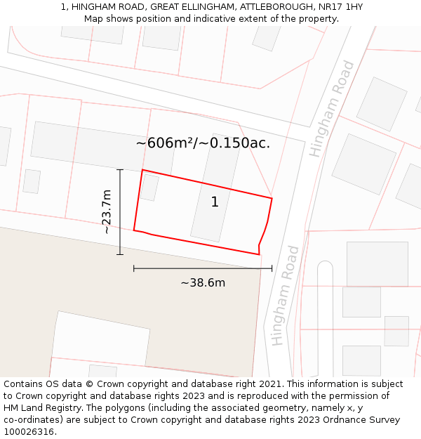 1, HINGHAM ROAD, GREAT ELLINGHAM, ATTLEBOROUGH, NR17 1HY: Plot and title map