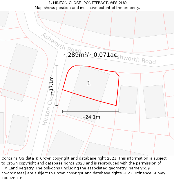 1, HINTON CLOSE, PONTEFRACT, WF8 2UQ: Plot and title map
