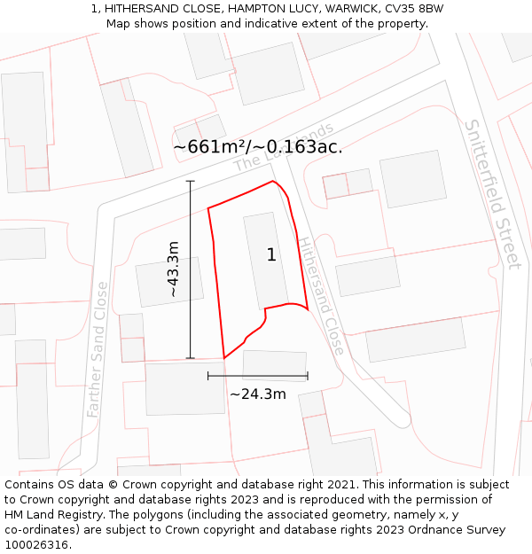 1, HITHERSAND CLOSE, HAMPTON LUCY, WARWICK, CV35 8BW: Plot and title map