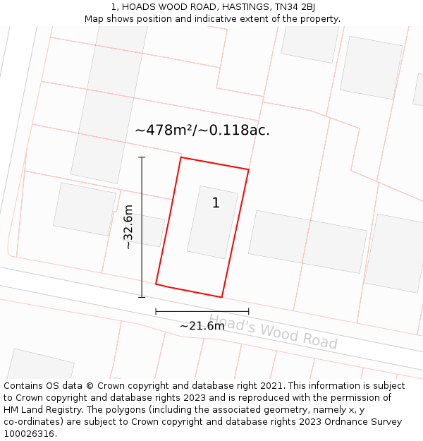 1, HOADS WOOD ROAD, HASTINGS, TN34 2BJ: Plot and title map