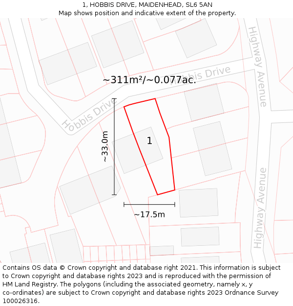 1, HOBBIS DRIVE, MAIDENHEAD, SL6 5AN: Plot and title map