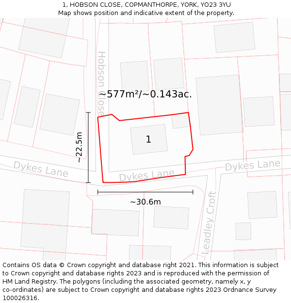 1, HOBSON CLOSE, COPMANTHORPE, YORK, YO23 3YU: Plot and title map