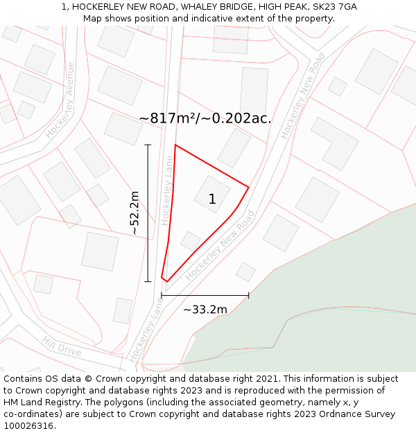 1, HOCKERLEY NEW ROAD, WHALEY BRIDGE, HIGH PEAK, SK23 7GA: Plot and title map