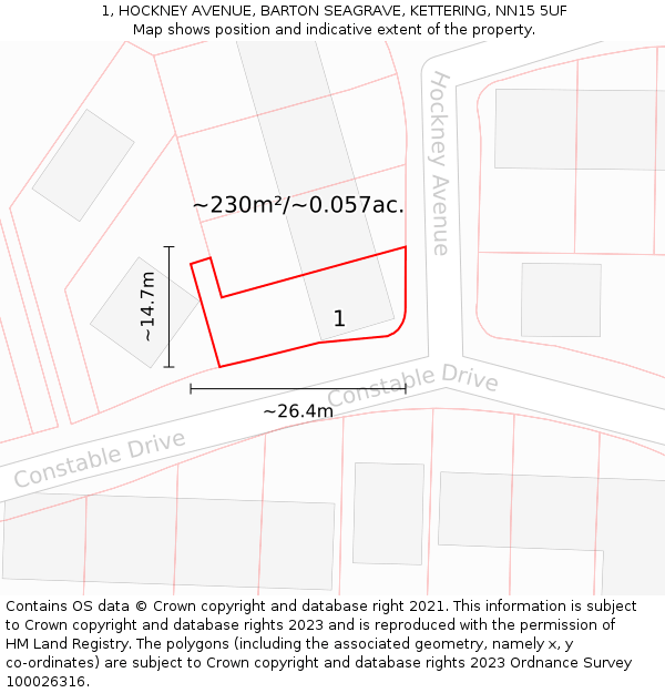 1, HOCKNEY AVENUE, BARTON SEAGRAVE, KETTERING, NN15 5UF: Plot and title map