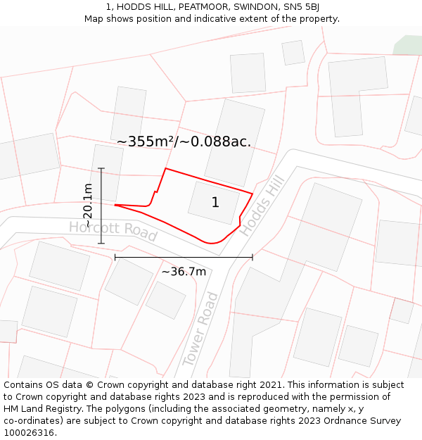 1, HODDS HILL, PEATMOOR, SWINDON, SN5 5BJ: Plot and title map