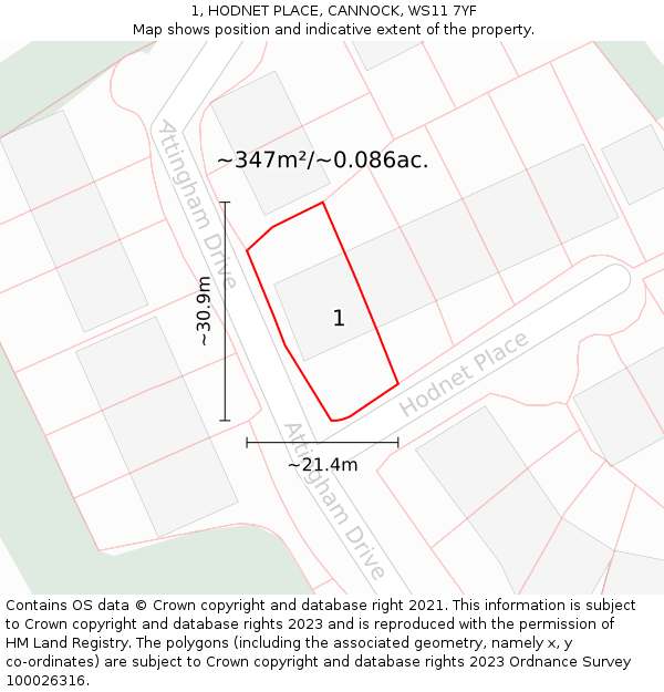 1, HODNET PLACE, CANNOCK, WS11 7YF: Plot and title map