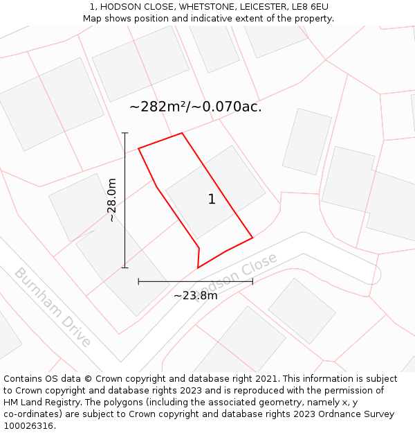 1, HODSON CLOSE, WHETSTONE, LEICESTER, LE8 6EU: Plot and title map