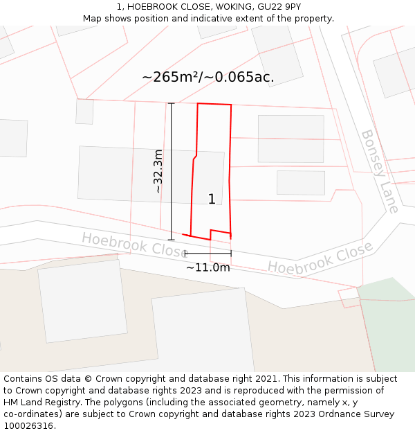 1, HOEBROOK CLOSE, WOKING, GU22 9PY: Plot and title map