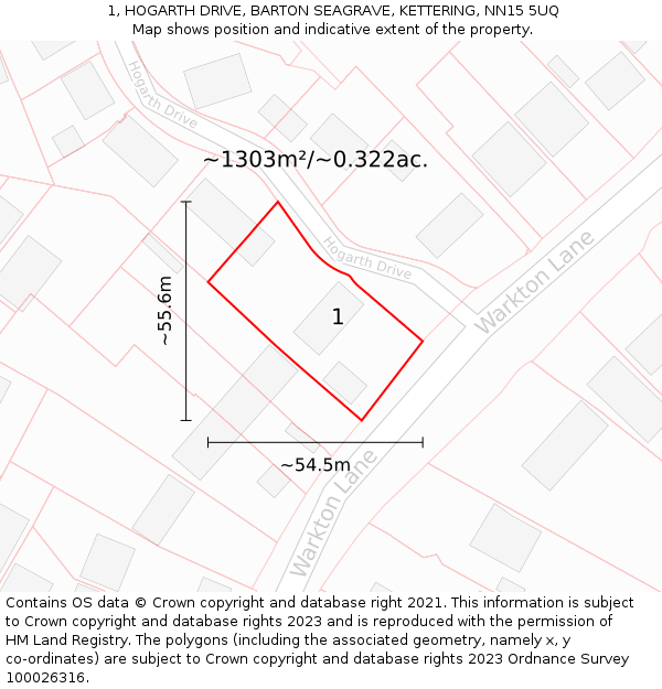 1, HOGARTH DRIVE, BARTON SEAGRAVE, KETTERING, NN15 5UQ: Plot and title map