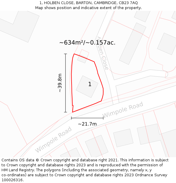 1, HOLBEN CLOSE, BARTON, CAMBRIDGE, CB23 7AQ: Plot and title map