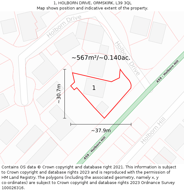 1, HOLBORN DRIVE, ORMSKIRK, L39 3QL: Plot and title map