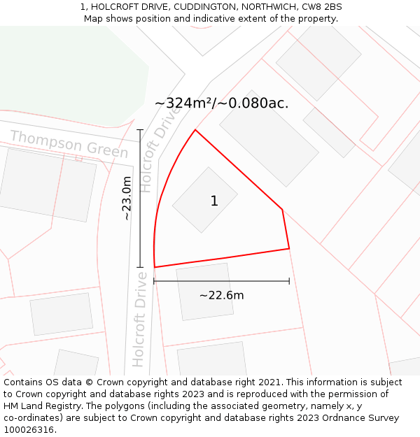 1, HOLCROFT DRIVE, CUDDINGTON, NORTHWICH, CW8 2BS: Plot and title map