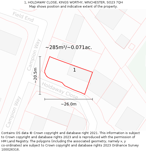 1, HOLDAWAY CLOSE, KINGS WORTHY, WINCHESTER, SO23 7QH: Plot and title map