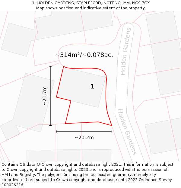 1, HOLDEN GARDENS, STAPLEFORD, NOTTINGHAM, NG9 7GX: Plot and title map