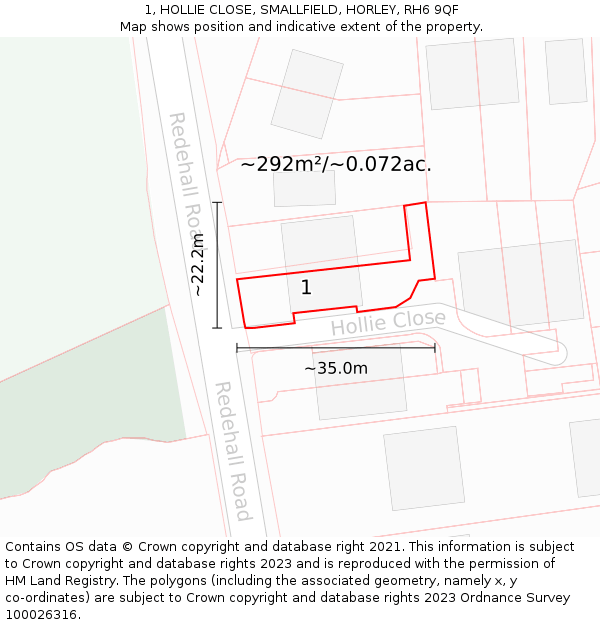 1, HOLLIE CLOSE, SMALLFIELD, HORLEY, RH6 9QF: Plot and title map
