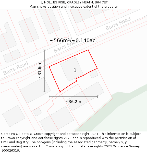 1, HOLLIES RISE, CRADLEY HEATH, B64 7ET: Plot and title map
