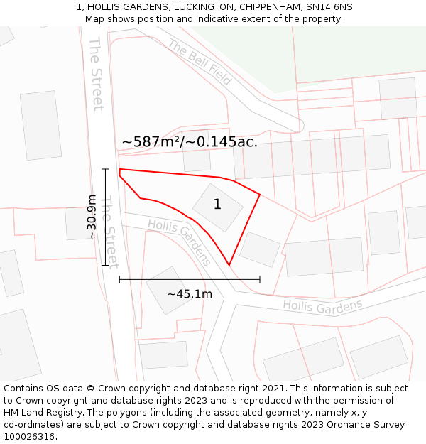 1, HOLLIS GARDENS, LUCKINGTON, CHIPPENHAM, SN14 6NS: Plot and title map