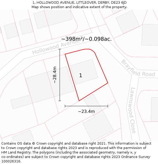 1, HOLLOWOOD AVENUE, LITTLEOVER, DERBY, DE23 6JD: Plot and title map