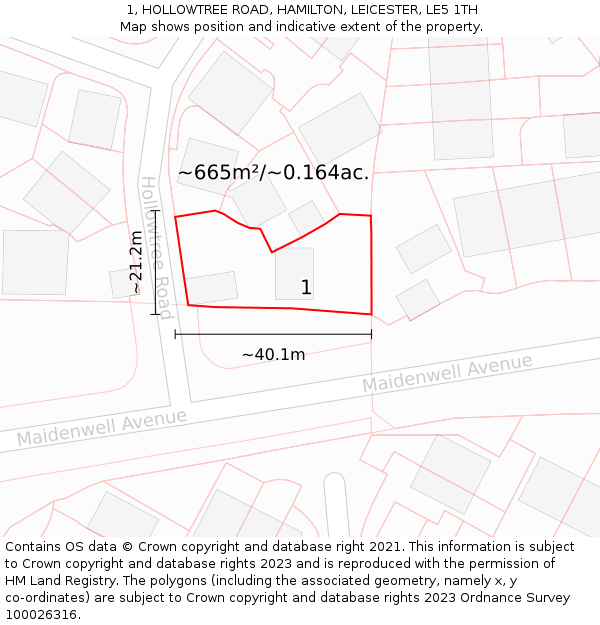 1, HOLLOWTREE ROAD, HAMILTON, LEICESTER, LE5 1TH: Plot and title map