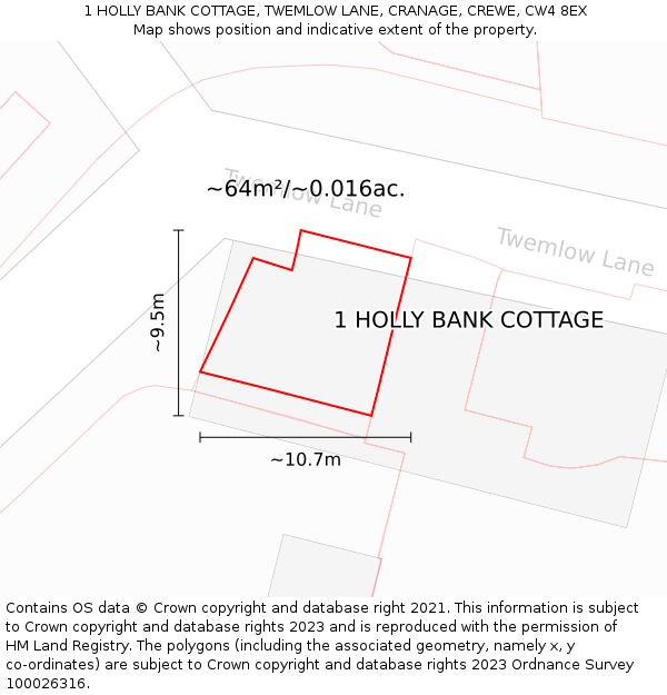 1 HOLLY BANK COTTAGE, TWEMLOW LANE, CRANAGE, CREWE, CW4 8EX: Plot and title map